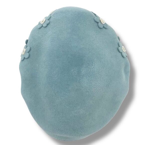Vintage 1950s BB Ruth Velour Beret Hat Slate Blue Floral Applique Pearl Studded - Picture 12 of 16